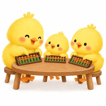 大きさのちがうひよこが一緒にそろばんを習う絵